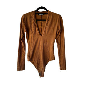 Women's Reformation, Taupe V-Neck Ribbed Body Suit, Size Medium Ribbed Caramel